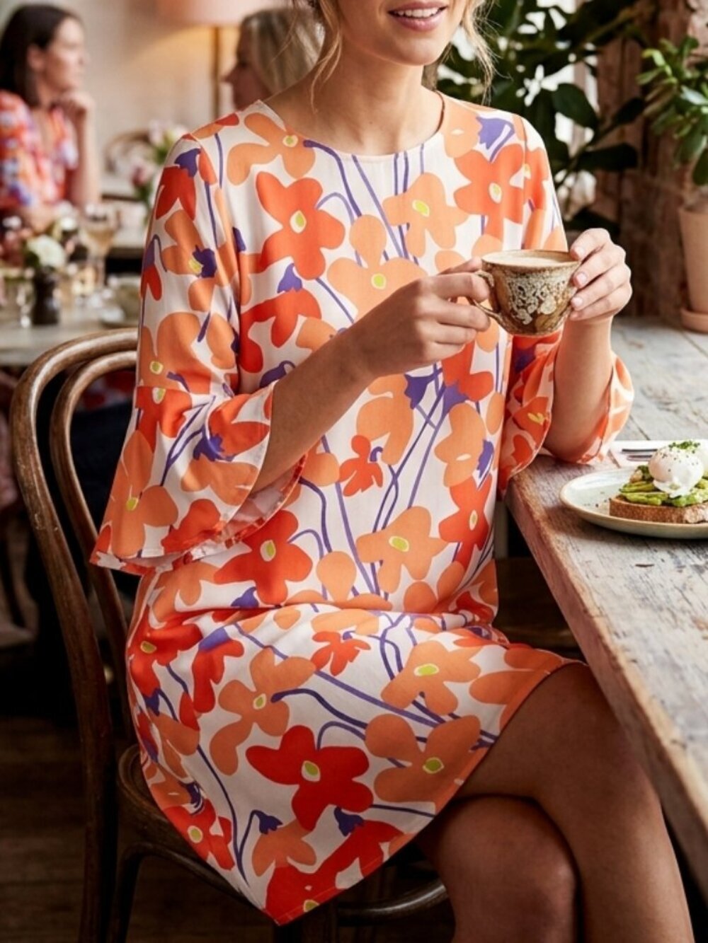 Mister Zimi Peggy Dress Size 8 Orange Floral Viscose Bell Sleeves Mod Summer